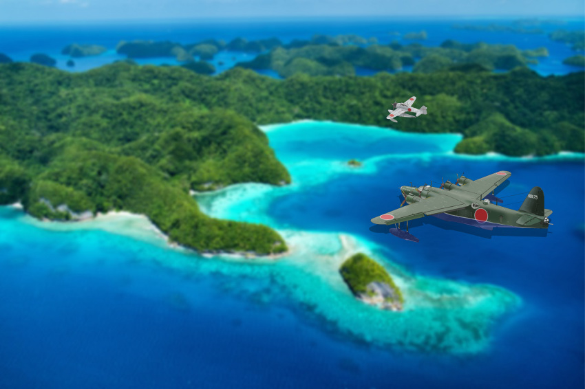a6m2-n aircraft airplane beach clouds day floating flying flying_boat h8k highres imperial_japanese_navy island landscape military nature ocean original outdoors propeller seaplane sky soranokakera01 tree water world_war_ii