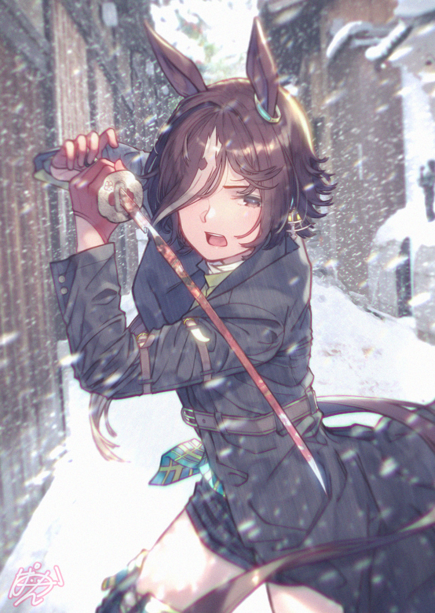 1girl animal_ears arm_belt belt blurry blurry_background day gloves hair_over_one_eye highres holding holding_sword holding_weapon horse_ears katana long_sleeves outdoors paayan_(hagakinorock54) red_gloves snow snowing solo standing sword tail umamusume vodka_(umamusume) weapon