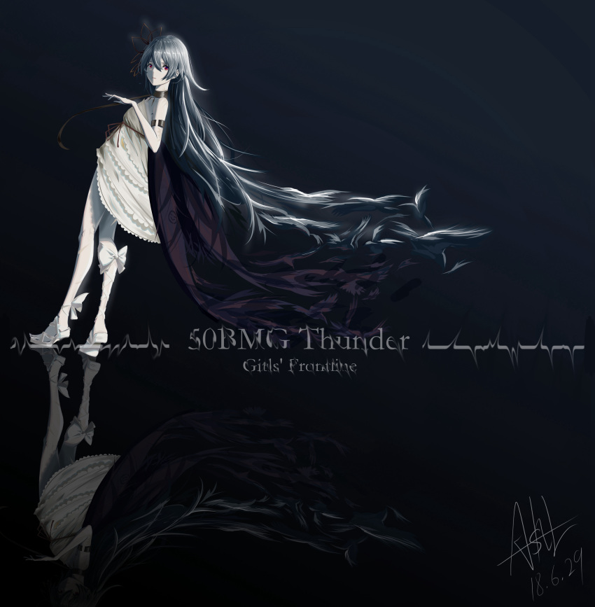 1girl absurdres asil black_background blue_hair cloak dress girls_frontline highres long_hair looking_at_viewer red_eyes reflection shoes solo tagme texture thunder_(girls_frontline) white_dress white_footwear