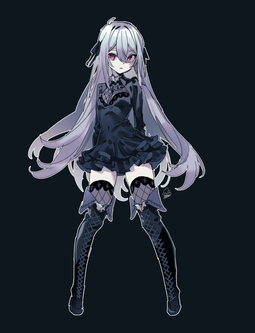 1girl ahoge arms_behind_back black_background black_dress black_ribbon boots dress expressionless fishnet_thighhighs fishnets full_body gothic grey_hair hair_ribbon highres long_hair mearylis_(yamanasi_mikage) original pale_skin red_eyes ribbon simple_background sketch solo thigh-highs thigh_boots thighhighs_under_boots yamanasi_mikage zettai_ryouiki