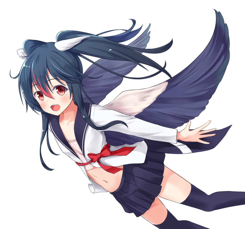 1girl akabane_hibame bird_wings black_hair black_legwear black_skirt black_wings collarbone eyebrows_visible_through_hair feathered_wings hair_between_eyes head_wings long_hair looking_at_viewer multicolored multicolored_hair multicolored_wings navel open_mouth original pleated_skirt red_eyes redhead ribbon school_uniform serafuku simple_background skirt solo thigh-highs twintails two-tone_hair white_background wings zettai_ryouiki