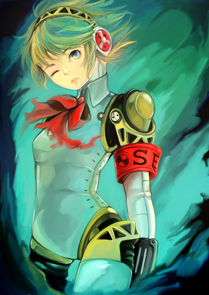 1girl absurdres aegis_(persona) android blonde_hair blue_eyes bow breasts cotton_(shikiori) highres looking_at_viewer one_eye_closed persona persona_3 ribbon robot_joints short_hair solo