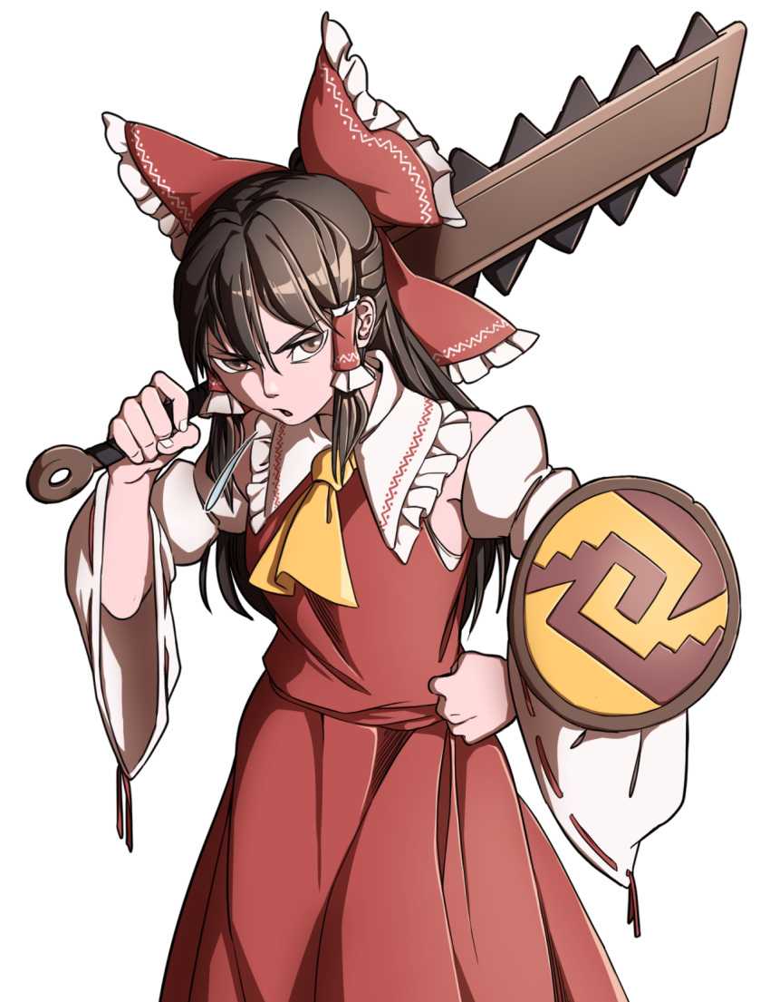 1girl ascot bow brown_eyes brown_hair detached_sleeves frilled_bow frills hair_bow hair_tubes hakurei_reimu highres japanese_clothes medium_hair mefomefo miko nontraditional_miko over_shoulder red_shirt ribbon shield shirt skirt sleeveless sleeveless_shirt touhou weapon weapon_over_shoulder yellow_neckwear