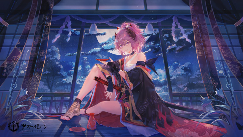 1girl azur_lane backlighting bare_shoulders black_gloves black_kimono choker clouds criin cup fingerless_gloves full_moon gloves hair_ribbon holding horns indoors japanese_clothes katana kimono kirishima_(azur_lane) kirishima_(casual_dazzle)_(azur_lane) knee_up long_hair long_sleeves looking_at_viewer moon night off_shoulder official_art plant ponytail purple_hair ribbon sakazuki sarashi shadow sheath sheathed shide sitting smile solo sword tassel thighs tokkuri tree veranda violet_eyes watermark weapon wide_sleeves