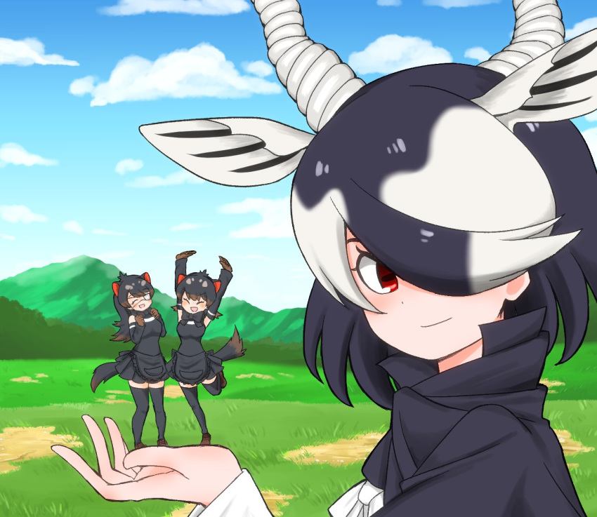 3girls antelope_ears antelope_horns apron arms_up australian_devil_(kemono_friends) bare_shoulders black_apron black_cape black_hair black_legwear black_skirt blackbuck_(kemono_friends) blouse brown_footwear brown_gloves brown_hair cape commentary_request detached_sleeves extra_ears eyebrows_visible_through_hair eyepatch forced_perspective gloves hair_over_one_eye kemono_friends kemono_friends_3 loafers long_hair long_sleeves looking_at_viewer medical_eyepatch multicolored_hair multiple_girls open_mouth pleated_skirt pon1006mrn red_eyes shoes short_hair skirt sleeveless smile standing standing_on_one_leg tasmanian_devil_(kemono_friends) tasmanian_devil_ears tasmanian_devil_tail thigh-highs white_blouse white_hair zettai_ryouiki