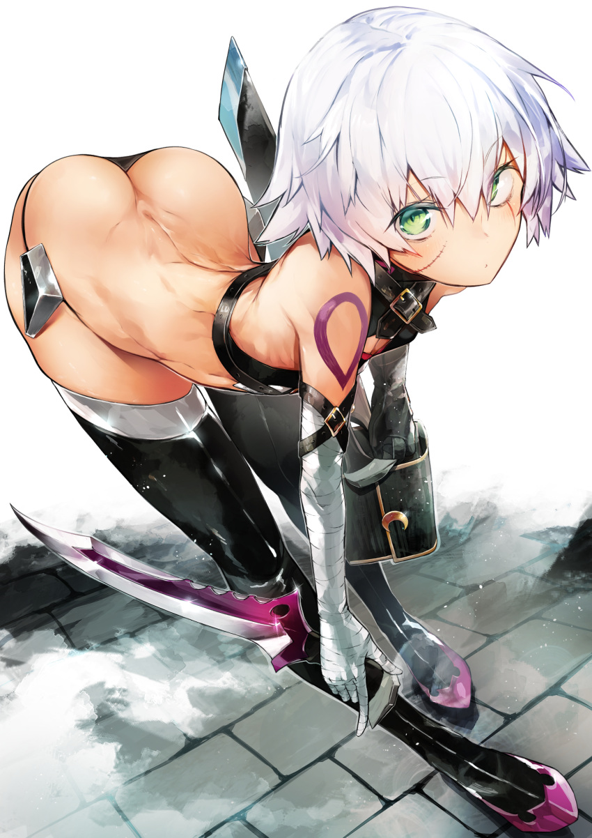 1girl ass bandaged_arm bandages bent_over butt_crack dagger dual_wielding facial_scar fate/apocrypha fate/grand_order fate_(series) flat_chest green_eyes highres holding holding_dagger holding_weapon jack_the_ripper_(fate/apocrypha) looking_at_viewer lowleg lowleg_panties nishiide_kengorou panties reverse_grip scar scar_across_eye scar_on_cheek shoulder_tattoo solo stitches tattoo underwear weapon