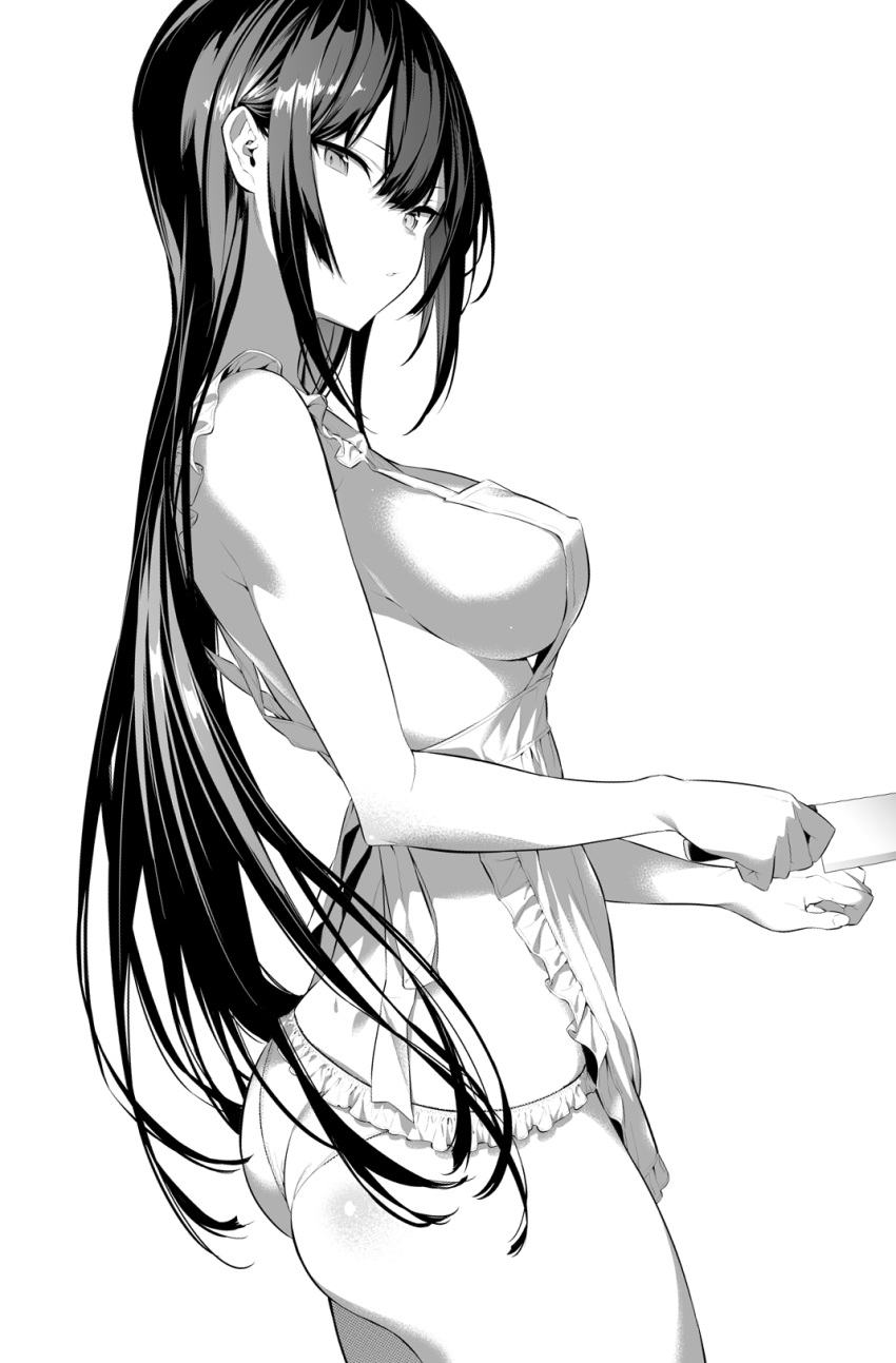 1girl apron ass bangs bare_shoulders black_hair breasts frilled_panties frills from_side greyscale hair_between_eyes highres hiiragi_yuuichi holding holding_knife knife large_breasts long_hair looking_at_viewer monochrome nearly_naked_apron original panties sideboob underwear