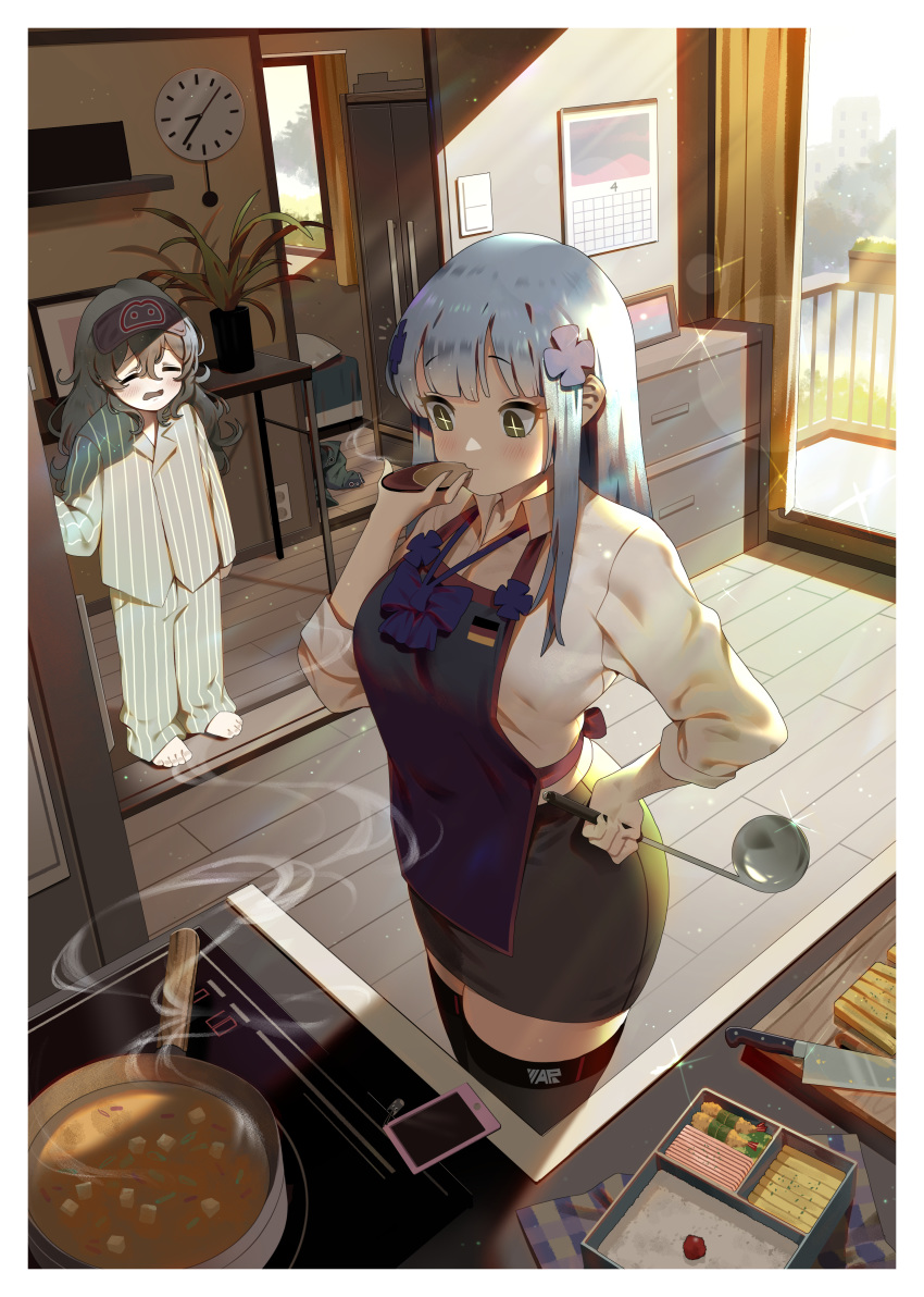 2girls absurdres alternate_costume apron bangs barefoot blush bsue cellphone closed_eyes collared_shirt commentary_request cooking eyebrows_visible_through_hair facial_mark food g11_(girls_frontline) german_flag girls_frontline green_eyes grey_hair hair_between_eyes highres hk416_(girls_frontline) indoors knife long_hair long_sleeves multiple_girls obentou pajamas pencil_skirt phone revision shirt silver_hair skirt smartphone standing thigh-highs white_shirt