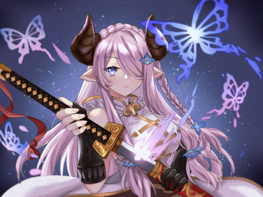 18640321 1girl arm_up black_gloves blue_eyes braid braided_ponytail breasts bug butterfly commentary demon_horns dress expressionless eyebrows_visible_through_hair fingerless_gloves fingernails french_braid glint gloves granblue_fantasy hair_ornament hair_over_one_eye hair_ribbon hairclip hand_on_hilt horns insect katana large_breasts lavender_hair long_hair looking_at_viewer narmaya_(granblue_fantasy) pointy_ears ribbon scabbard sheath sky sleeveless sleeveless_dress solo star_(sky) starry_sky sword tress_ribbon unsheathing very_long_hair weapon