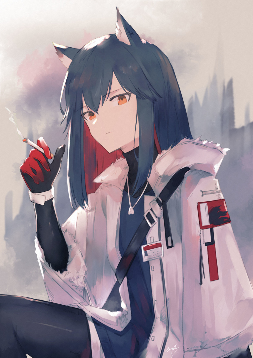 1girl animal_ears arknights artist_name black_hair black_legwear black_shirt blue_vest cigarette expressionless fur_collar gloves highres jacket jewelry long_hair long_sleeves looking_at_viewer luxempty multicolored_hair necklace orange_eyes pantyhose red_gloves redhead shirt shoulder_strap signature simple_background sitting smoking solo straight_hair texas_(arknights) turtleneck two-tone_hair vest white_background white_jacket wolf_ears wristband