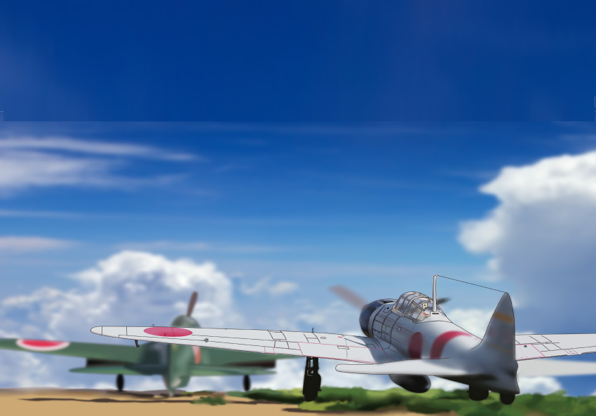 a6m_zero absurdres aircraft airplane clouds day highres kantai_collection military military_vehicle propeller runway sky soranokakera01 taking_off world_war_ii