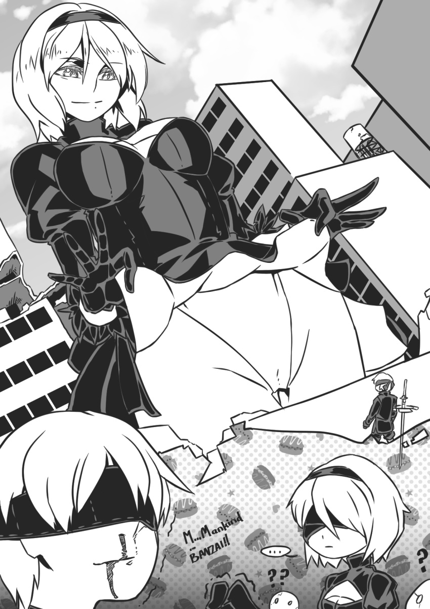 1boy 1girl android blindfold blood blush broken building cleavage_cutout closed_mouth eyebrows_visible_through_hair floating fur-trimmed_sleeves fur_trim gloves greyscale hair_between_eyes hairband highres leotard luckyb mole mole_under_mouth monochrome nier_(series) nier_automata nose_blush original outdoors robot skirt skirt_lift smile sword thinking thought_bubble turtleneck weapon yorha_no._2_type_b yorha_no._9_type_s
