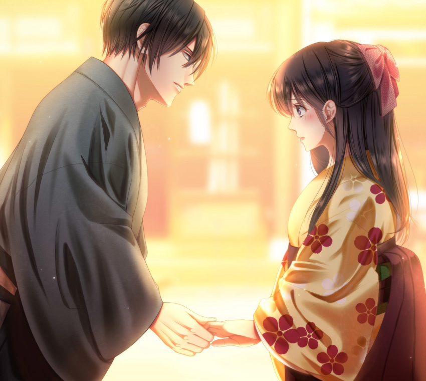 1boy 1girl black_hair blush bow eye_contact floral_print grey_kimono hair_bow hakama highres holding_hands izumi_(stardustalone) japanese_clothes kimono long_hair looking_at_another pink_bow profile renri_no_chigiri_wo_kimi_to_shiru twilight wide_sleeves yellow_kimono