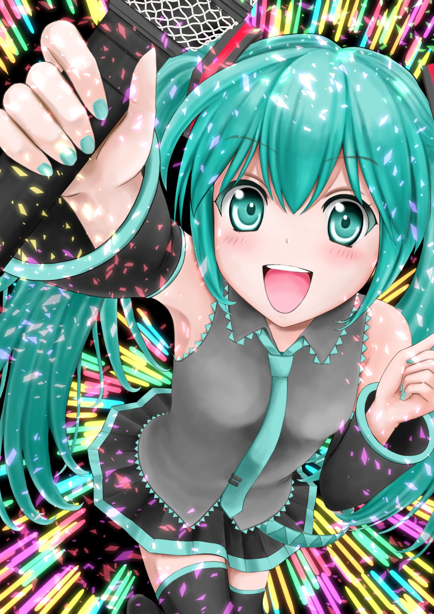 1girl :d aqua_hair aqua_nails aqua_neckwear arm_up armpits arms_up bare_shoulders black_legwear black_skirt blush bosutonii commentary_request cowboy_shot detached_sleeves eyebrows_visible_through_hair fingernails foreshortening green_eyes grey_shirt hair_between_eyes hatsune_miku highres holding holding_microphone leaning_forward light_trail long_hair looking_at_viewer microphone nail_polish necktie open_mouth shirt skirt smile solo thigh-highs twintails upper_teeth vocaloid