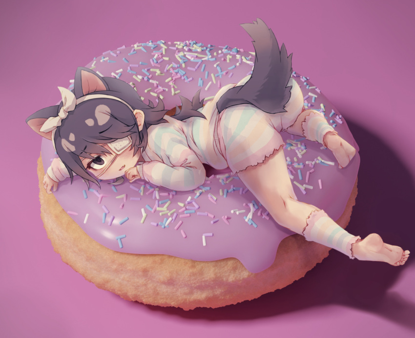 1girl alternate_costume animal_ears australian_devil_(kemono_friends) barefoot black_eyes black_hair blue_stripes bow commentary_request doughnut doughnut_innertube extra_ears eyebrows_visible_through_hair eyepatch fang food from_side full_body green_stripe hair_bow hair_ribbon hairband highres in_food kemono_friends kemono_friends_3 kneepits kolshica leg_warmers long_hair long_sleeves looking_at_viewer looking_to_the_side lying medical_eyepatch minigirl on_stomach open_mouth pajamas pastel_colors pink_stripes purple_background ribbon shorts simple_background sleeves_past_wrists soles solo sprinkles striped_clothes tail tasmanian_devil_ears tasmanian_devil_tail yellow_stripe