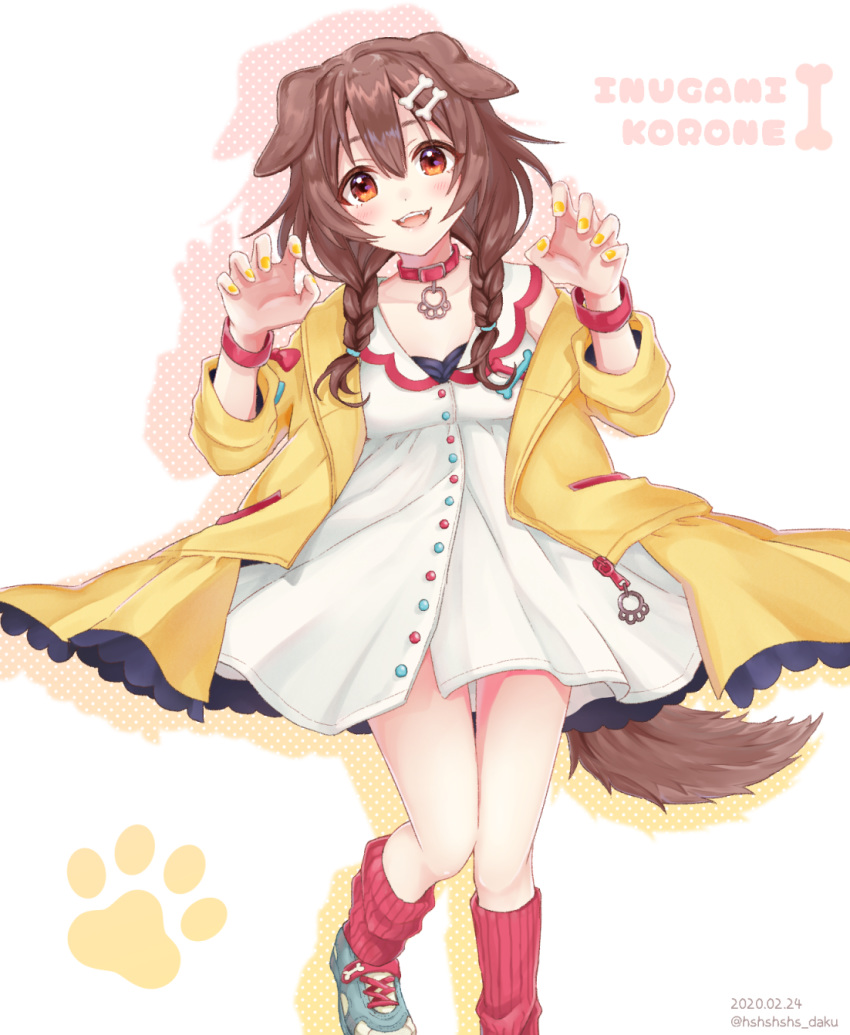 1girl animal_ears blouse blue_footwear bone_hair_ornament braid breasts brown_hair character_name claw_pose collar cross-laced_footwear dakuryuu dated dog_ears dog_tail hair_between_eyes highres hololive inugami_korone jacket looking_at_viewer medium_hair nail_polish paw_print polka_dot red_eyes red_legwear shoes side_braids simple_background small_breasts socks solo tail thighs twin_braids twitter_username virtual_youtuber white_background white_blouse wristband yellow_jacket yellow_nails