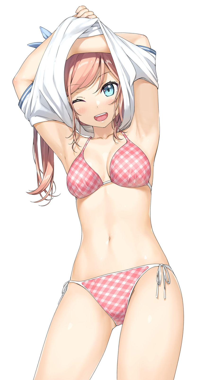 1girl ;d absurdres armpits arms_up bikini bikini_under_clothes blue_eyes breasts cowboy_shot eyebrows_visible_through_hair fanbox_reward highres kantoku long_hair looking_at_viewer medium_breasts navel one_eye_closed open_mouth original paid_reward pink_bikini pink_hair plaid plaid_bikini side-tie_bikini side_ponytail simple_background smile solo swimsuit undressing upper_teeth white_background