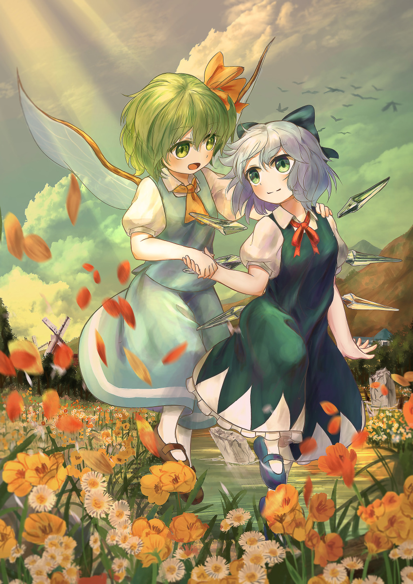 2girls absurdres behind_another blue_dress blue_eyes blue_footwear blue_hair blue_skirt blue_sky blue_vest brown_footwear cirno clouds commentary_request cravat daisy daiyousei day dress ekaapetto english_commentary eyebrows_visible_through_hair fairy_wings floating flock flower green_eyes green_hair hair_between_eyes hair_ribbon hand_on_another's_shoulder highres holding_hands light_rays looking_at_another looking_back mary_janes mixed-language_commentary mountain multiple_girls open_mouth outdoors pantyhose petals pinafore_dress poppy_(flower) ribbon shoes short_hair skirt sky smile sunbeam sunlight touhou vest white_legwear wings yellow_neckwear