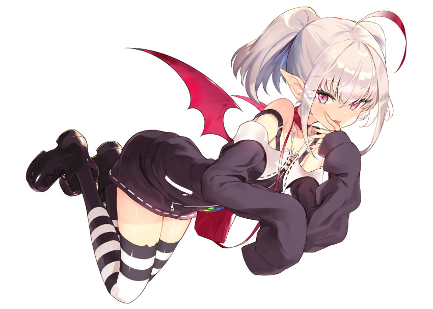 1girl ahoge badge bag black_legwear boots button_badge collar commentary_request cross-laced_footwear demon_girl demon_wings eyebrows_visible_through_hair finger_to_mouth floating full_body grey_hair highres jacket jewelry looking_at_viewer makaino_ririmu medium_hair miniskirt miruto_netsuki multicolored_hair necklace nijisanji off-shoulder_jacket open_mouth pink_eyes pointy_ears red_collar redhead shoulder_bag simple_background skirt sleeves_past_fingers sleeves_past_wrists smile solo strap strap_slip streaked_hair striped striped_legwear thigh-highs twintails virtual_youtuber white_background wings zettai_ryouiki