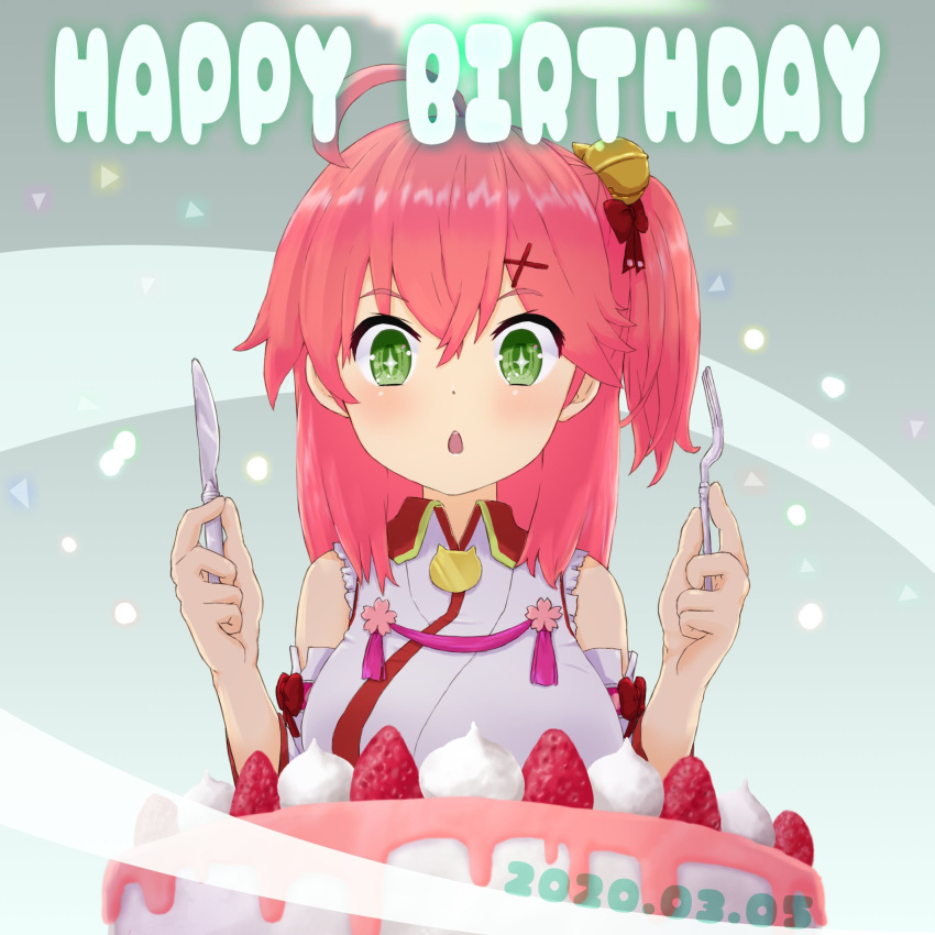 ahoge bare_shoulders birthday cake chestnut_mouth dated eyebrows_visible_through_hair food fork frills fruit green_eyes hair_between_eyes hair_ornament hair_over_shoulder hairclip happy_birthday highres holding holding_fork holding_knife hololive knife number one_side_up open_mouth pink_hair radicalfool sakura_miko sparkling_eyes strawberry virtual_youtuber