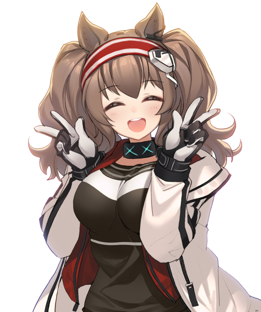1girl :d angelina_(arknights) animal_ears arknights black_shirt brown_hair closed_eyes coat collar double_w eyebrows_visible_through_hair facing_viewer hairband hands_up highres long_sleeves open_clothes open_coat open_mouth rheez shirt simple_background smile solo twintails upper_body w white_background white_coat