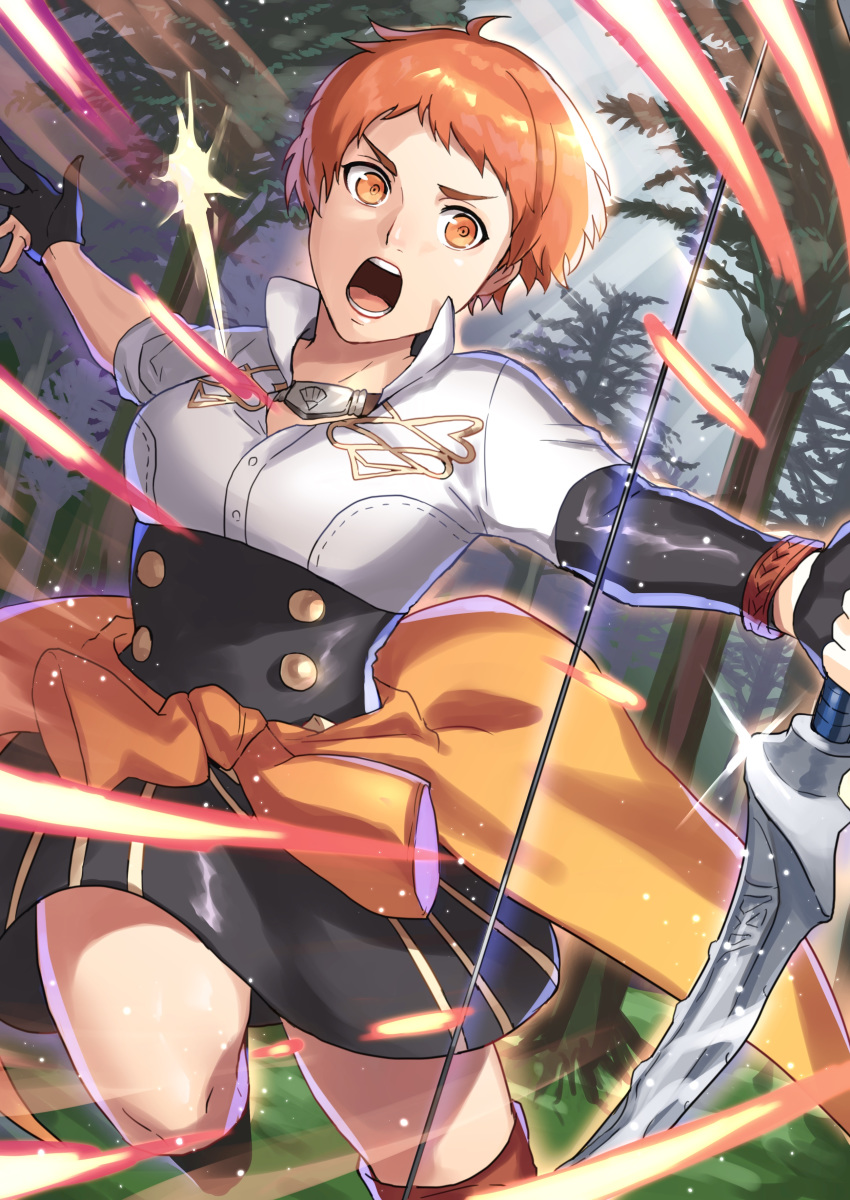 1girl absurdres boots bow_(weapon) fingerless_gloves fire_emblem fire_emblem:_three_houses garreg_mach_monastery_uniform gloves highres leaf leonie_pinelli open_mouth orange_eyes orange_hair shiyo_(jkke5275) short_hair solo sparkle teeth tree weapon