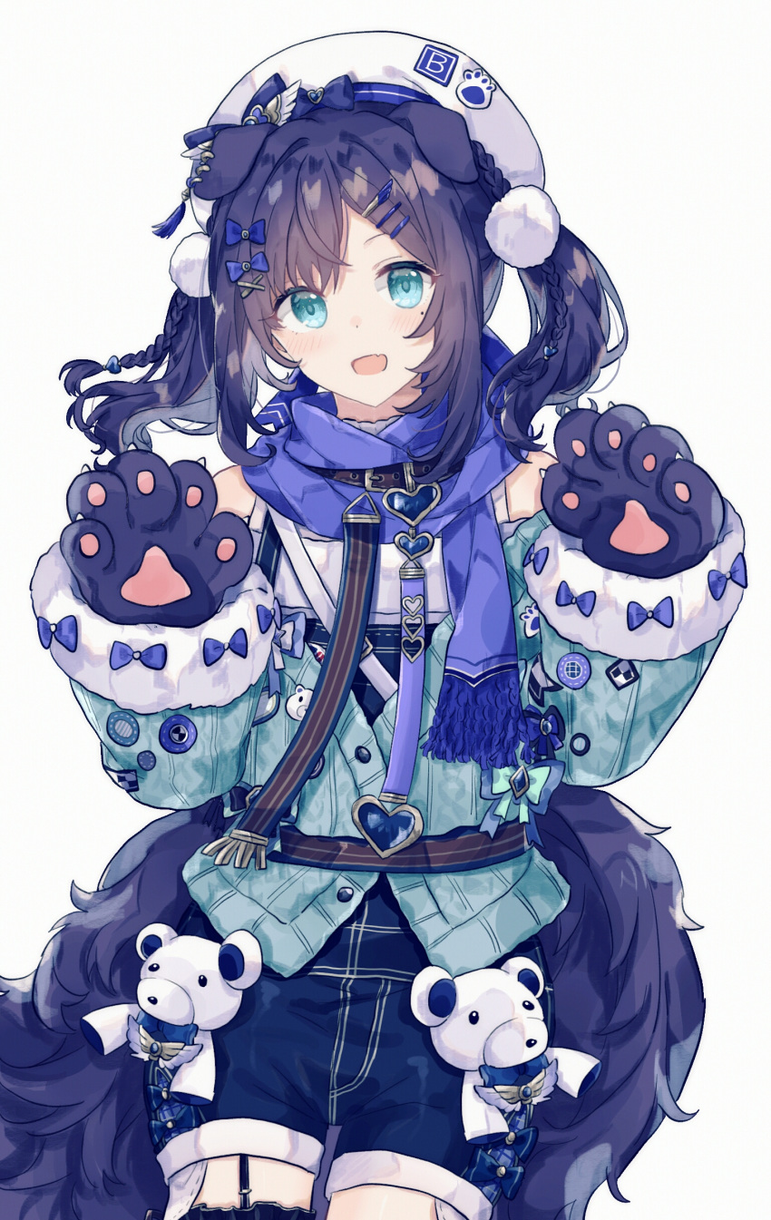 1girl :d absurdres aiba_uiha animal_ears aqua_eyes badge bangs bare_shoulders blue_bow blue_eyes blue_hair blue_scarf blue_shorts blush bow braid button_badge cardigan clothes_writing collar cowboy_shot dog_collar dog_ears dog_girl dog_tail earrings fang flat_chest garter_straps gloves gocoli hair_bow hair_ornament hairclip hat heart highres jewelry leash long_sleeves looking_at_viewer mole nijisanji off_shoulder open_mouth paw_gloves paw_pose paw_print paws plaid pom_pom_(clothes) scarf shorts side_braid simple_background single_thighhigh skin_fang smile solo stuffed_animal stuffed_toy tail tassel teddy_bear thigh-highs twin_braids twintails virtual_youtuber white_background white_headwear x_hair_ornament