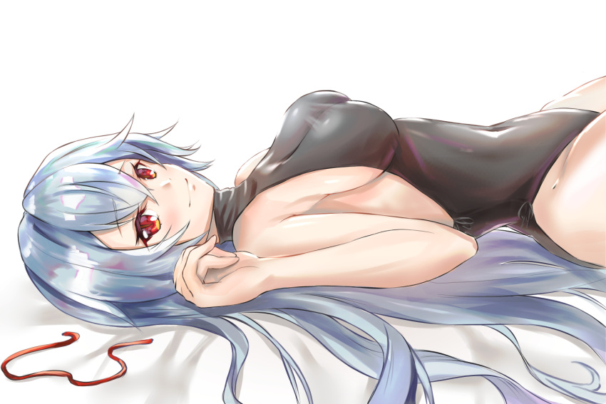1girl black_leotard blush breasts fate/grand_order fate_(series) hair_between_eyes hair_undone leotard light_smile long_hair looking_at_viewer lying medium_breasts on_back red_eyes red_ribbon ribbon ribbon_removed sideboob silver_hair solo tomoe_gozen_(fate/grand_order) turtleneck_leotard very_long_hair white_background yahan_(mctr5253)