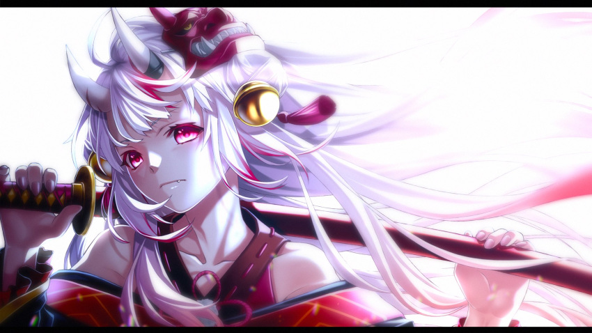 1girl backlighting bare_shoulders bell collarbone fang fang_out fenlil0316 hair_bell hair_ornament highres hololive katana multicolored_hair nakiri_ayame oni oni_horns oni_mask solo streaked_hair sword virtual_youtuber weapon white_hair