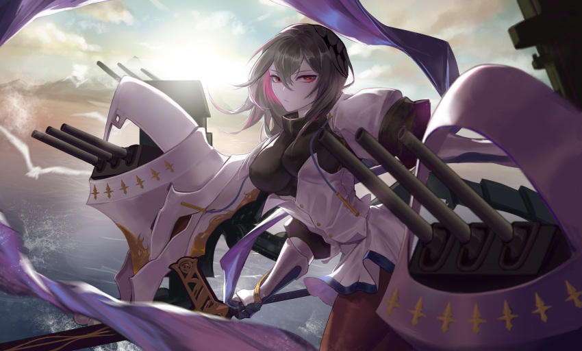1girl absurdres azur_lane bird breastplate breasts bu-13 cannon corset diamond_(shape) fleur_de_lis gauntlets grey_hair highres holding holding_polearm holding_spear holding_weapon looking_at_viewer medium_breasts medium_hair pantyhose pleated_skirt polearm red_eyes saint-louis_(azur_lane) seagull skirt spear water weapon white_skirt