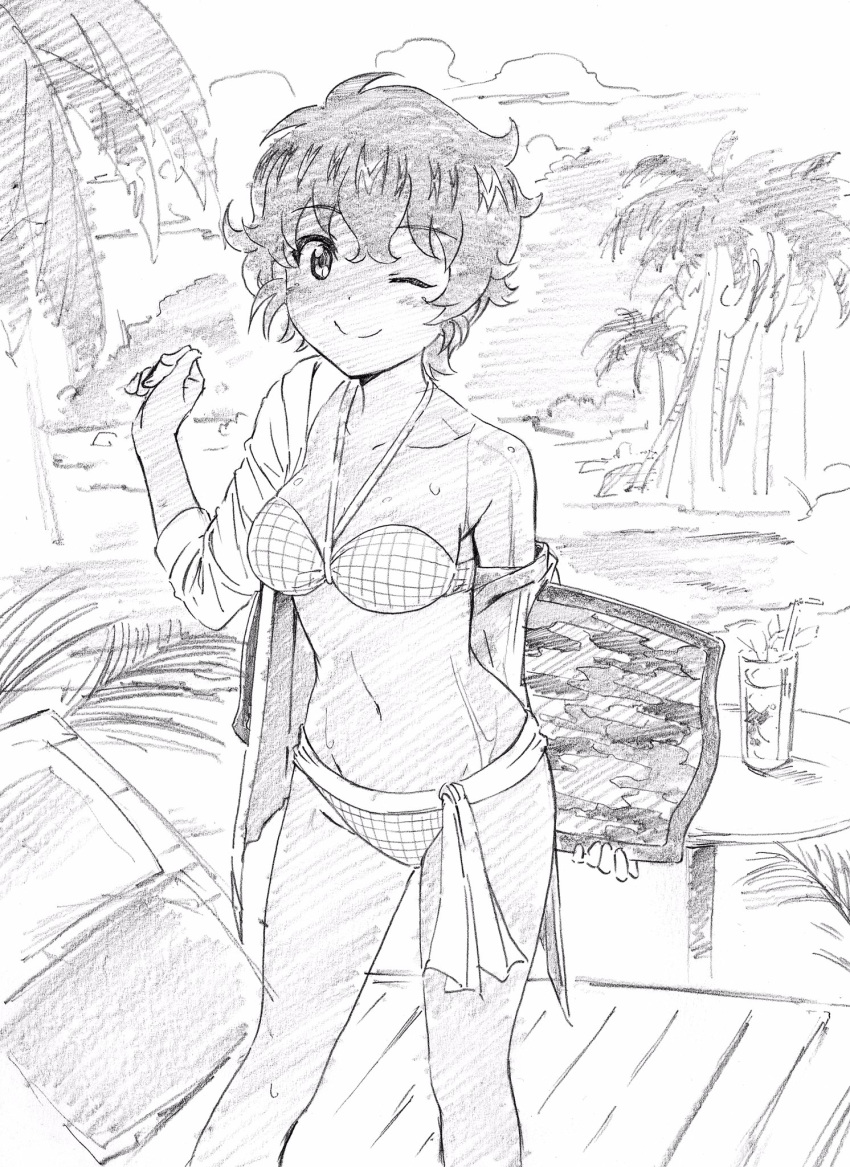 1girl ;) bangs beach beach_chair bikini breasts closed_mouth clouds cloudy_sky commentary cup dark_skin drinking_glass drinking_straw eyebrows_visible_through_hair girls_und_panzer highres holding long_sleeves looking_at_viewer medium_breasts navel off_shoulder one_eye_closed open_clothes open_shirt outdoors palm_tree pink_x plaid plaid_bikini shirt short_hair sketch sky smile solo standing suzuki_(girls_und_panzer) swimsuit table tree wet