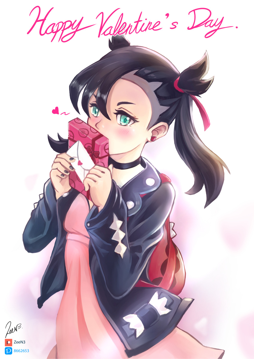 1girl absurdres aqua_eyes backpack bag black_choker black_hair black_jacket blush box choker commentary_request covering_mouth dress gift gift_box hair_between_eyes hair_ribbon happy_valentine highres holding holding_gift jacket mary_(pokemon) patreon_logo patreon_username pink_dress pixiv_logo pokemon pokemon_(game) pokemon_swsh red_ribbon ribbon signature solo twintails valentine zee_n3