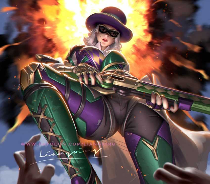 1girl 1other ashe_(overwatch) blurry_foreground breasts domino_mask earrings english_commentary explosion fingerless_gloves from_below gloves gun hat holding holding_gun holding_weapon jewelry liang_xing lips lipstick looking_at_viewer looking_down makeup mask medium_breasts mole_above_mouth nail_polish overwatch parted_lips pov red_eyes red_lipstick short_hair signature solo_focus stepped_on watermark weapon web_address white_hair