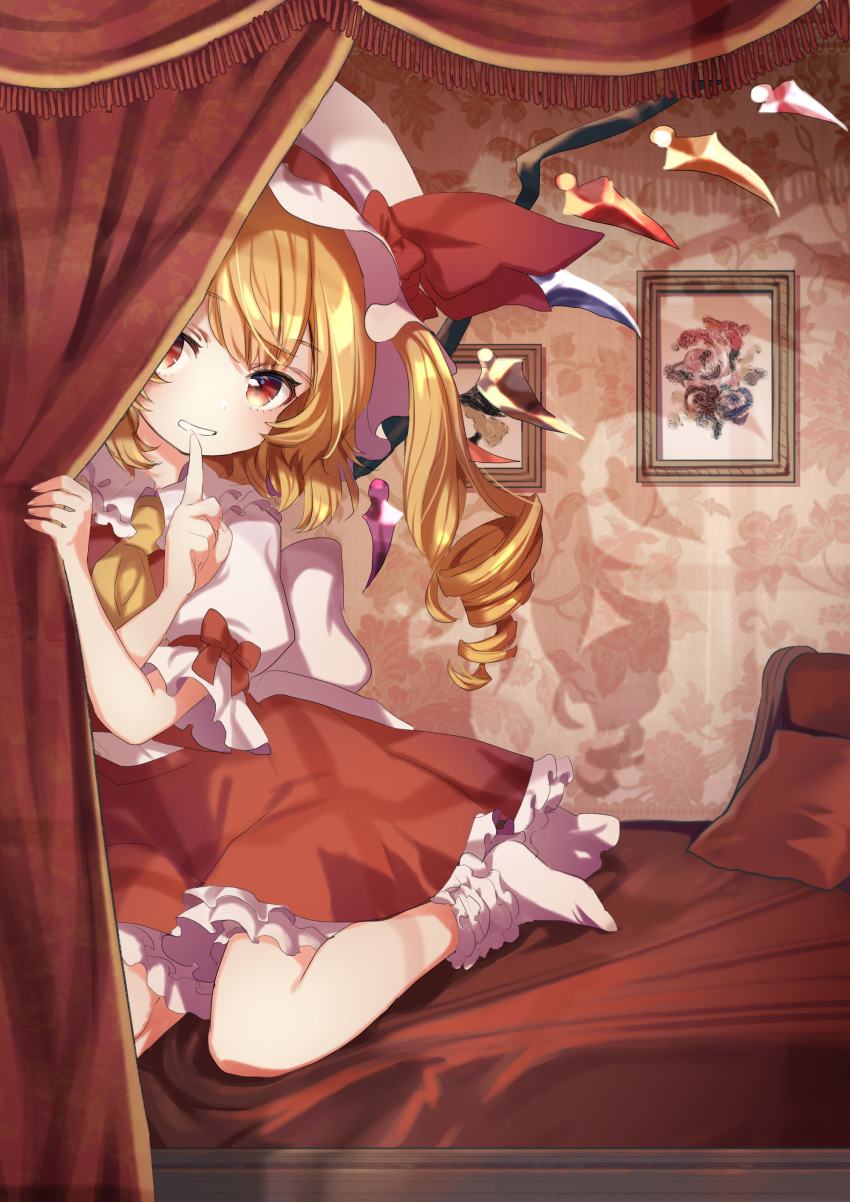 1girl absurdres ascot bangs bed blonde_hair blush bow commentary_request crystal curtains eyebrows_visible_through_hair finger_to_mouth flandre_scarlet frilled_shirt_collar frills hat hat_ribbon highres hitsuji_hiko_(mareep15) indoors looking_at_viewer medium_hair mob_cap on_bed one_side_up pillow puffy_short_sleeves puffy_sleeves red_eyes red_ribbon red_skirt red_theme red_vest ribbon shirt short_sleeves shushing side_ponytail skirt smile socks solo touhou vest white_headwear white_legwear white_shirt wings yellow_neckwear