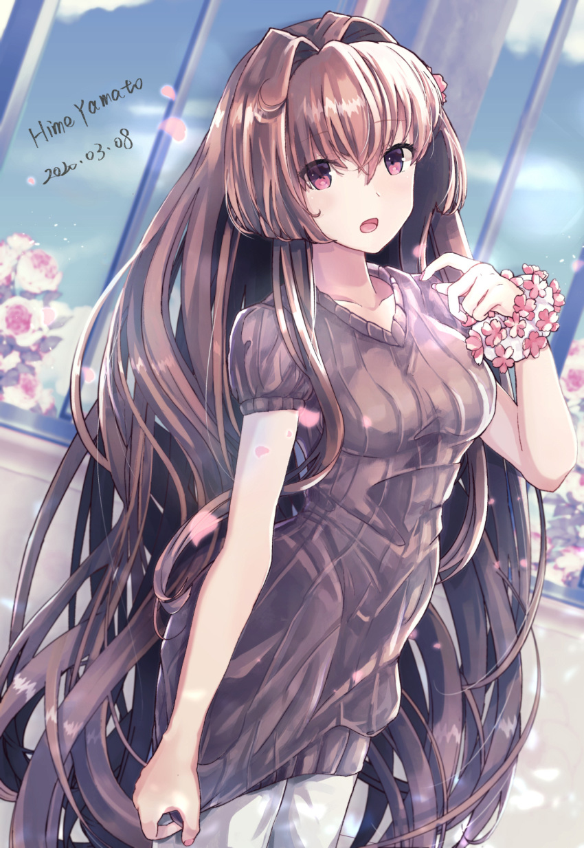 1girl breasts brown_hair cake_no_shaberu cherry_blossoms dated flower food fruit hair_flower hair_ornament highres kantai_collection long_hair looking_at_viewer open_mouth petals sky solo sweater yamato_(kantai_collection)