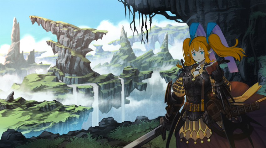 1girl armor blue_eyes blue_sky book bow breastplate day fantasy floating_hair floating_island hair_bow holding holding_book holding_sword holding_weapon long_skirt looking_at_viewer nagi_itsuki open_book orange_hair orange_skirt original outdoors parted_lips pixiv_fantasia pixiv_fantasia_last_saga pointy_ears reading scabbard sheath skirt sky solo standing sword twintails unsheathed water waterfall weapon