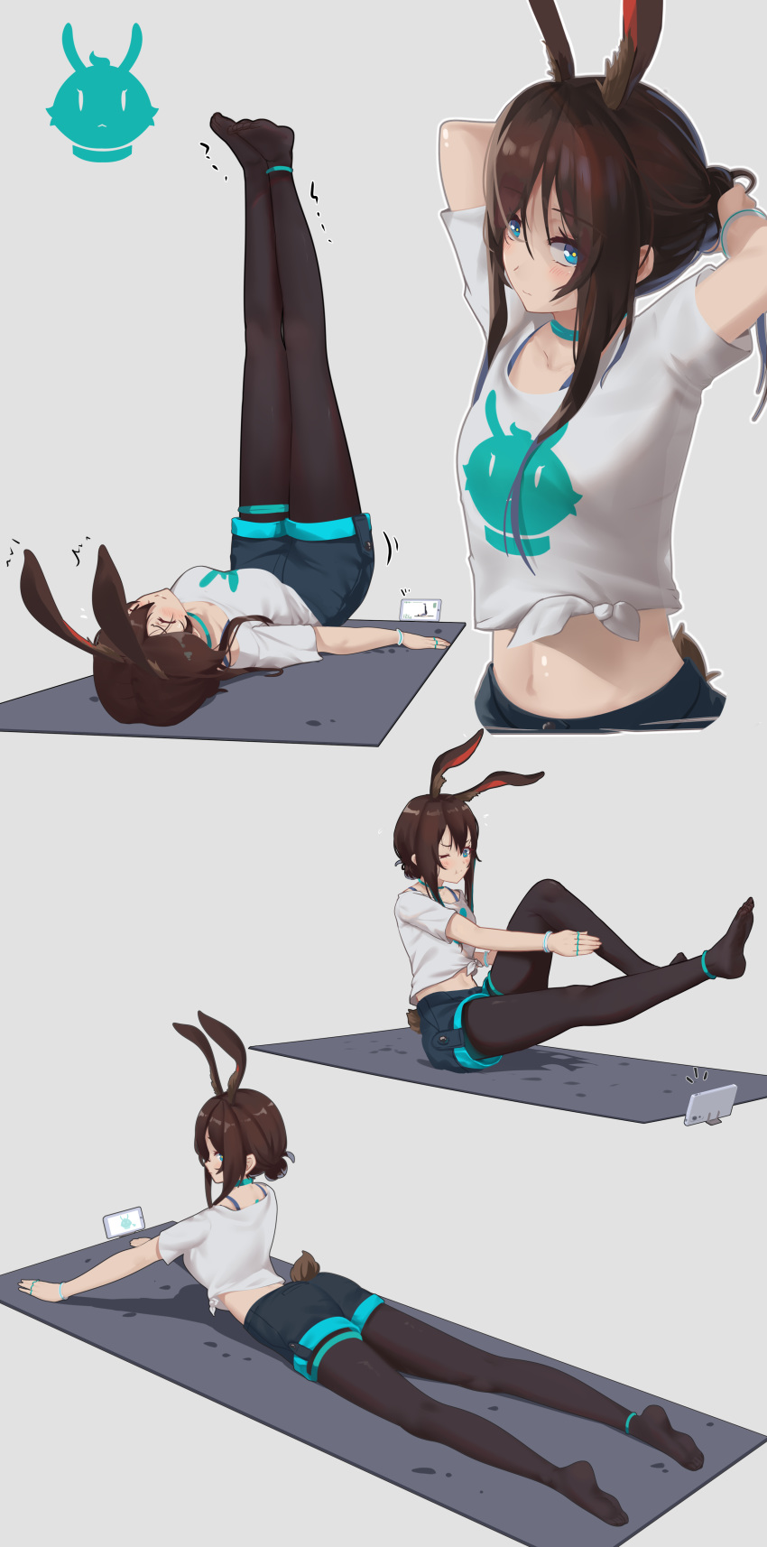 1girl ;t absurdres amiya_(arknights) animal_ears arknights ass black_shorts blue_choker blue_eyes blush breasts brown_hair brown_legwear bunny_girl bunny_tail cellphone choker closed_eyes closed_mouth commentary_request grey_background hair_bun hair_up highres leg_up legwear_under_shorts lying medium_breasts multiple_views no_shoes on_back on_stomach pantyhose phone profile rabbit_ears shirt short_shorts short_sleeves shorts simple_background smartphone soles tail tied_shirt too-ye trembling white_shirt