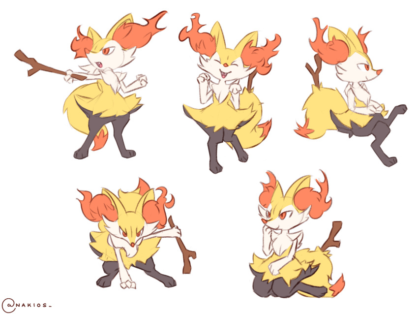 1girl animal_ear_fluff animal_ears arm_up artist_name barefoot braixen clenched_hand closed_eyes closed_mouth crossed_legs english_commentary fang fangs fox_ears fox_tail from_side full_body furry gen_6_pokemon half-closed_eyes hand_up hands_up happy highres holding invisible_chair kneeling knees_together_feet_apart leaning_forward leg_up legs_apart multiple_views nakios no_humans open_mouth outstretched_arm paw_pose paws pokemon pokemon_(creature) red_eyes seiza simple_background sitting sketch smile standing standing_on_one_leg stick tail twitter_username white_background