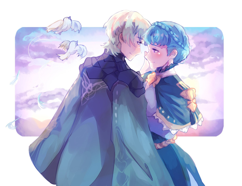 1boy 1girl animal armor bird black_armor blue_dress blue_hair blush braid byleth_(fire_emblem) byleth_eisner_(male) cape capelet closed_mouth clouds commentary commission crown_braid dove dress english_commentary epaulettes eyebrows_visible_through_hair fire_emblem fire_emblem:_three_houses hand_on_another's_face highres looking_at_another marianne_von_edmund phantasananas purple_hair short_hair sky smile white_hair