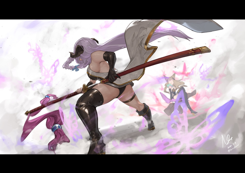 2girls animal_ears asymmetrical_legwear battle black_gloves boots braid breasts brown_hair bug butterfly commentary draph dutch_angle elbow_gloves erune fighting_stance from_behind glint gloves granblue_fantasy granblue_fantasy_versus hair_ribbon highres horns insect lavender_hair long_hair metera_(granblue_fantasy) multiple_girls n9+ narmaya_(granblue_fantasy) ootachi ribbon sheath sideboob thigh-highs thigh_boots thigh_strap trait_connection unsheathing