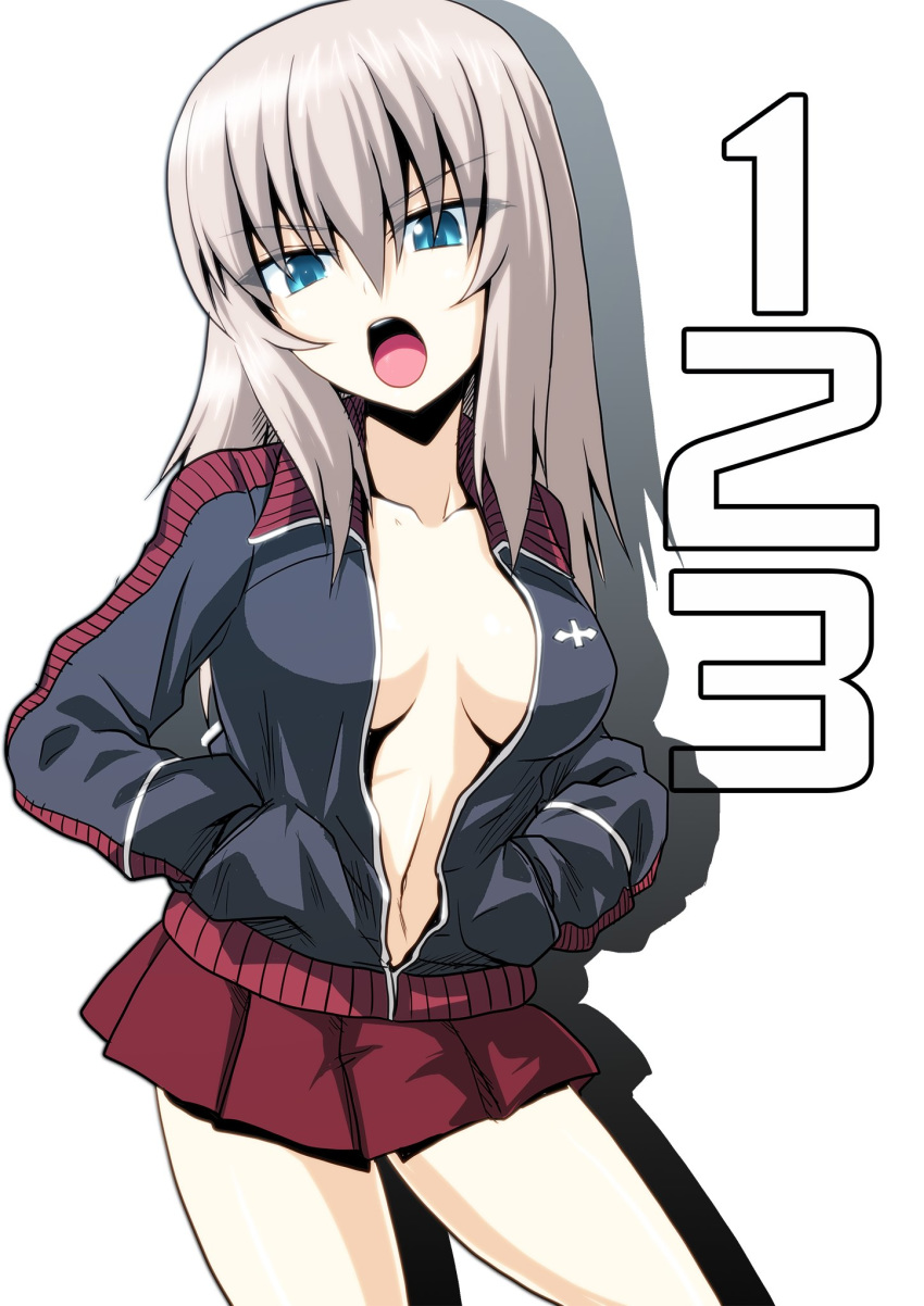 1girl bangs black_jacket blue_eyes breasts commentary eyebrows_visible_through_hair frown girls_und_panzer hands_in_pockets highres insignia itsumi_erika jacket kamishima_kanon looking_at_viewer medium_breasts medium_hair miniskirt no_bra no_shirt number open_mouth partially_unzipped pleated_skirt red_skirt shadow silver_hair simple_background skirt solo standing track_jacket white_background