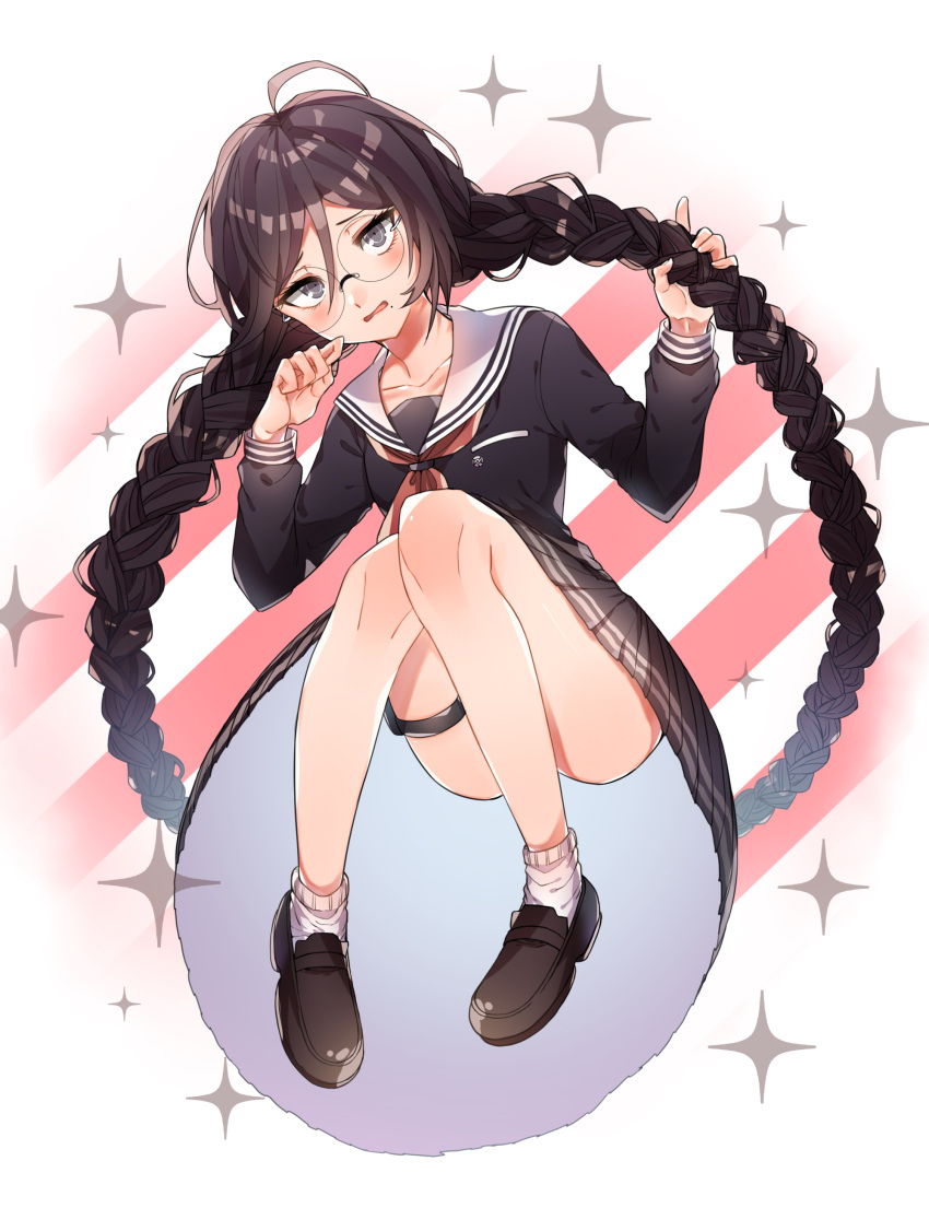 1girl absurdres artist_request ass black_hair braid breasts brown_footwear brown_hair collarbone commentary_request dangan_ronpa dangan_ronpa_1 fukawa_touko glasses green_eyes highres long_hair long_skirt long_sleeves looking_at_viewer mole mole_under_mouth round_eyewear school_uniform serafuku shoes skirt small_breasts socks solo thigh_strap twin_braids white_legwear