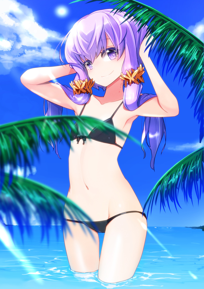 1girl bikini black_bikini blush collarbone commentary_request day eyebrows_visible_through_hair flat_chest hair_ornament highres in_water long_hair looking_at_viewer navel ocean outdoors pon_(shind_997) purple_hair smile solo swimsuit violet_eyes vocaloid yuzuki_yukari