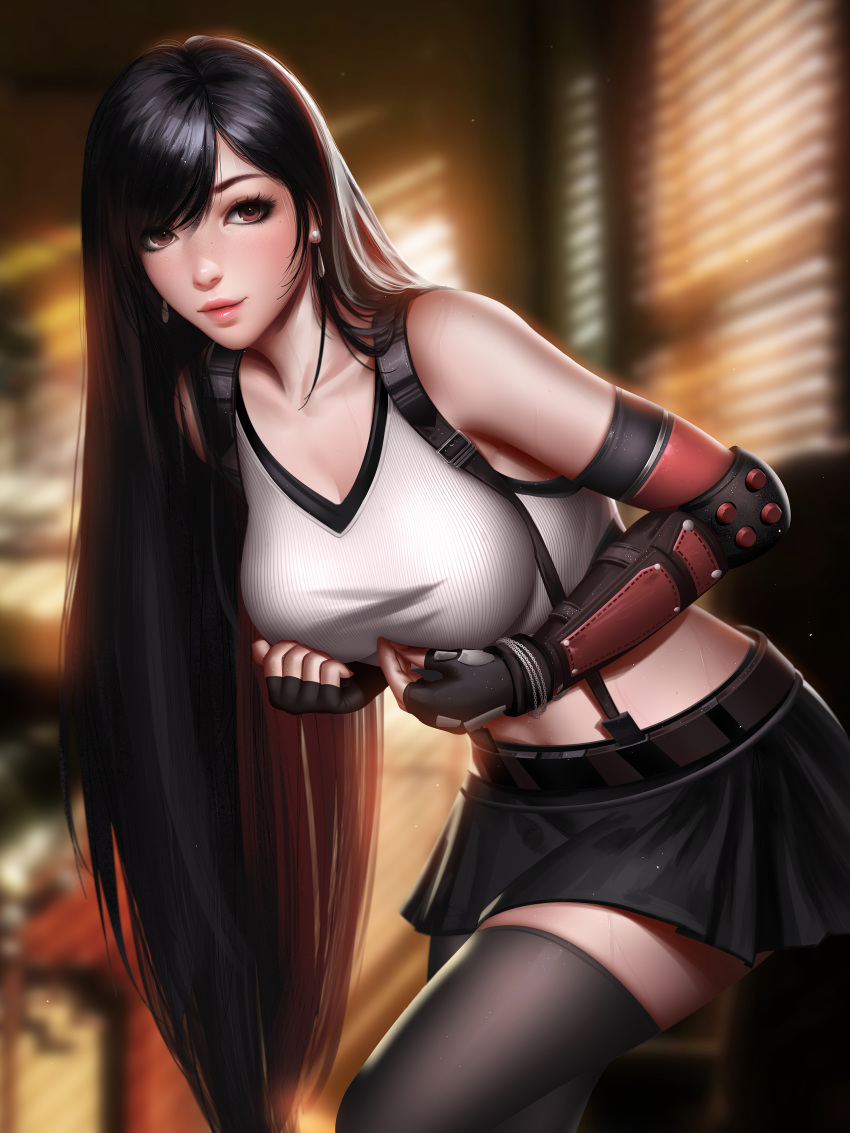 1girl absurdres arm_guards black_hair black_legwear black_skirt blurry blurry_background bracelet collarbone curtains earrings elbow_gloves final_fantasy final_fantasy_vii final_fantasy_vii_remake fingerless_gloves gloves highres jewelry leaning_forward liang_xing looking_at_viewer paid_reward patreon_reward pleated_skirt shirt skirt solo sunlight suspenders tank_top taut_clothes taut_shirt thigh-highs tifa_lockhart white_tank_top