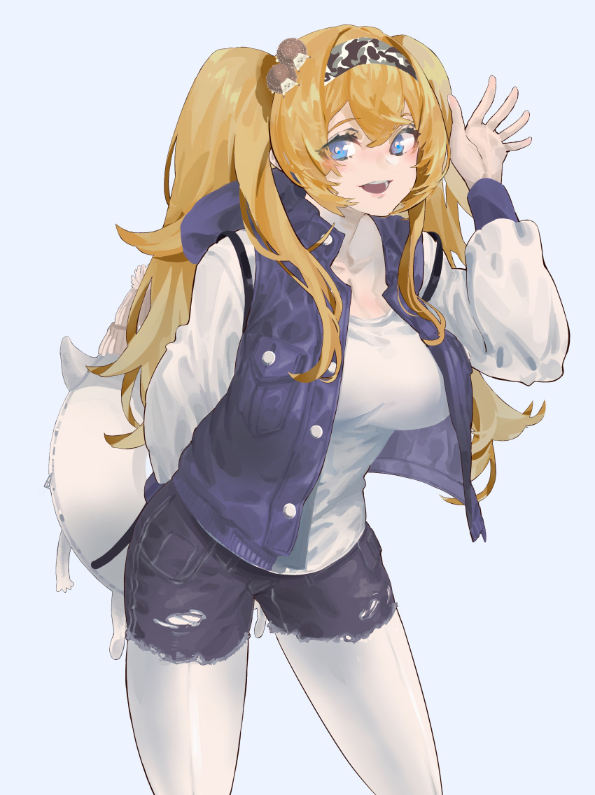 1girl :d absurdres alternate_costume backpack bag blonde_hair blue_eyes blue_shorts blue_vest breasts cowboy_shot denim denim_shorts enemy_lifebuoy_(kantai_collection) gambier_bay_(kantai_collection) hairband highres kantai_collection kazukingu large_breasts long_sleeves looking_at_viewer open_mouth pantyhose shorts simple_background smile solo sweater twintails vest white_background white_legwear white_sweater