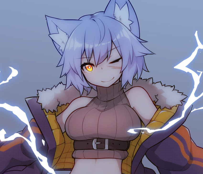 1girl animal_ear_fluff animal_ears bare_shoulders blue_hair breasts cat_ears commentary commentary_request electricity eyebrows_visible_through_hair facial_scar fur_trim glowing glowing_eye highres jacket large_breasts midriff off_shoulder one_eye_closed orange_eyes original ribbed_sweater ryota_tentei scar scar_on_cheek short_hair solo sweater sweatshirt tora_tentei turtleneck upper_body