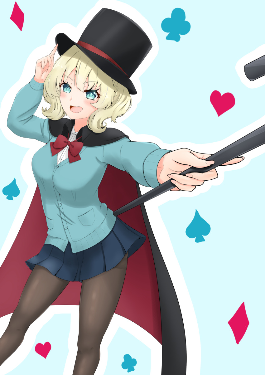 1girl absurdres alternate_costume black_cape blonde_hair blue_background blue_cardigan blue_eyes blue_skirt border breasts cape club_(shape) colorado_(kantai_collection) commentary_request cosplay diamond_(symbol) feet_out_of_frame hat heart highres himenagi_yuuki holding_cane kantai_collection large_breasts magician multicolored multicolored_cape multicolored_clothes necktie pantyhose parody pleated_skirt red_neckwear shirt short_hair side_braids skirt spade_(shape) tejina_senpai tejina_senpai_(character)_(cosplay) top_hat white_border white_shirt