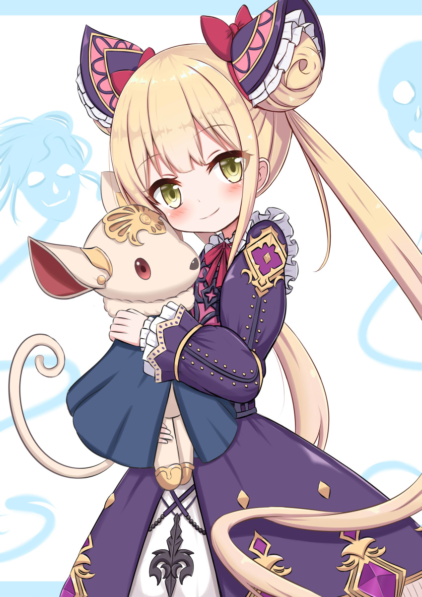 1girl absurdres bangs blonde_hair blue_background blush bow brown_eyes closed_mouth commentary_request double_bun dress eyebrows_visible_through_hair ghost hair_bow highres holding holding_stuffed_animal jiu_(sdesd3205) long_hair long_sleeves looking_at_viewer luna_(shadowverse) purple_dress red_bow shadowverse smile solo stuffed_animal stuffed_dog stuffed_toy twintails two-tone_background very_long_hair white_background