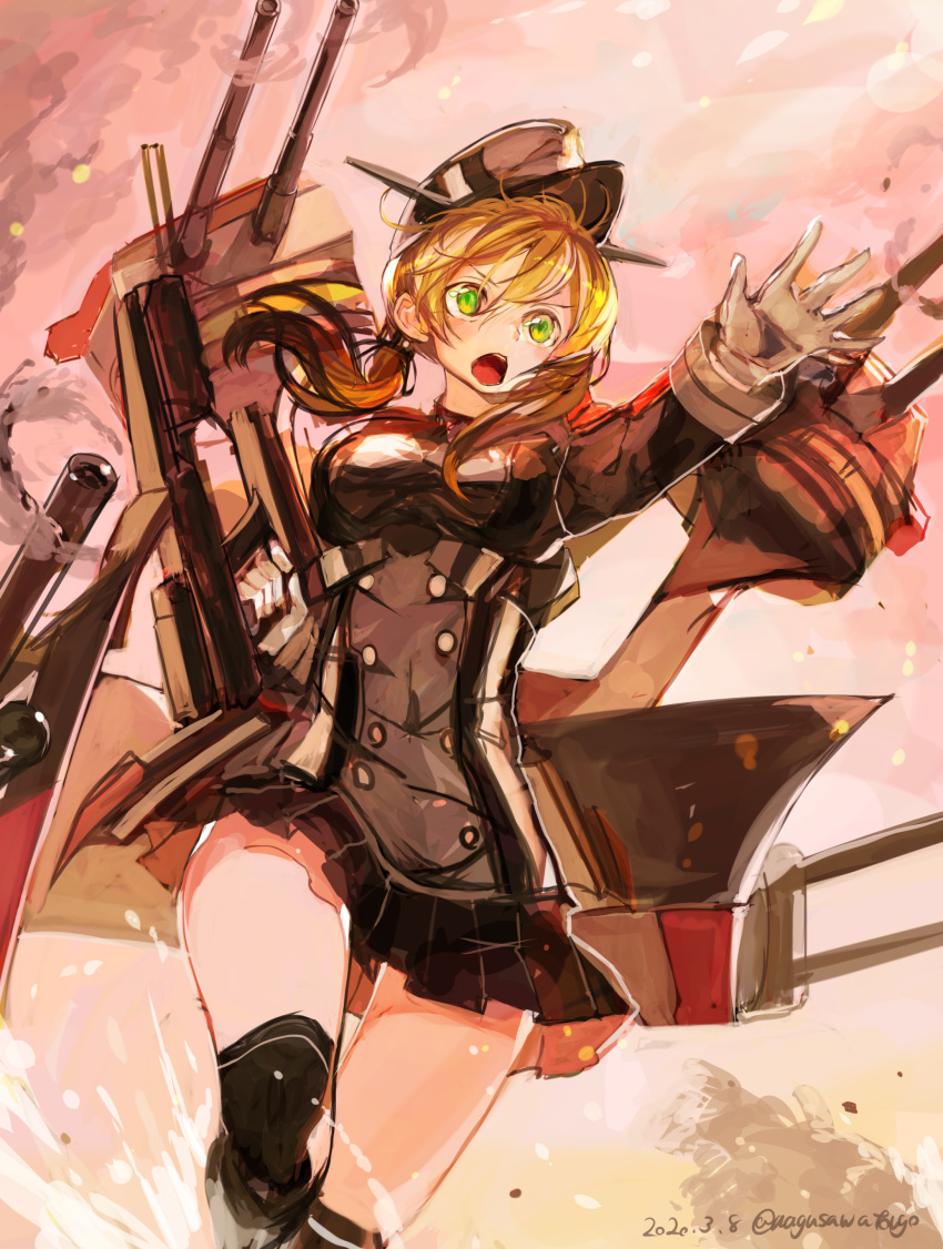 1girl absurdres bangs black_legwear black_skirt blonde_hair breasts dated gloves green_eyes hair_between_eyes hat highres holding kantai_collection long_hair long_sleeves military military_uniform nagasawa_tougo open_mouth peaked_cap pleated_skirt prinz_eugen_(kantai_collection) rigging skirt solo thigh-highs twintails twitter_username uniform white_gloves