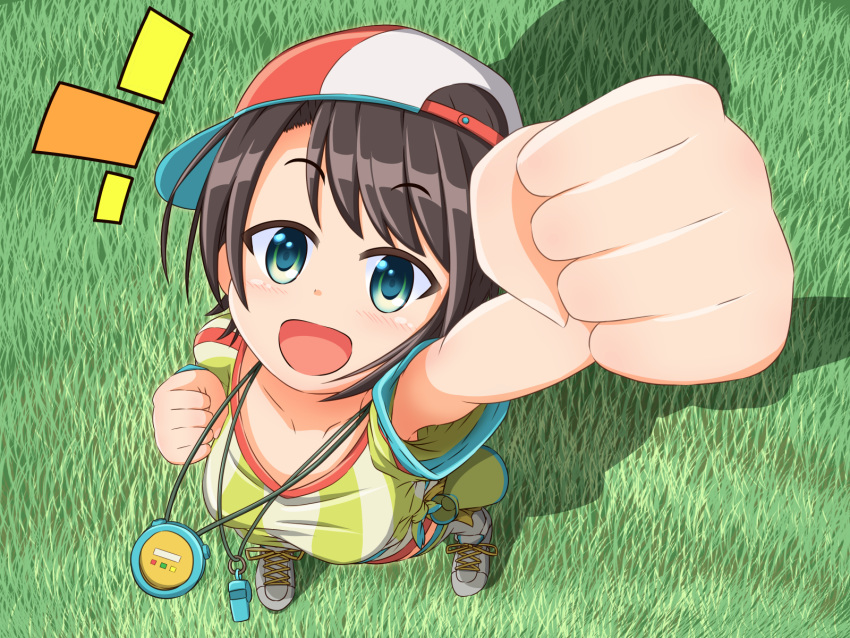 1girl backwards_hat baseball_cap black_hair clenched_hands commentary_request gradient_eyes grass hat highres hololive looking_at_viewer looking_up multicolored multicolored_eyes oozora_subaru open_mouth shadow shirt shoes short_sleeves smile sneakers solo standing stopwatch stopwatch_around_neck striped striped_shirt t-shirt virtual_youtuber watch whistle whistle_around_neck white_footwear woshi
